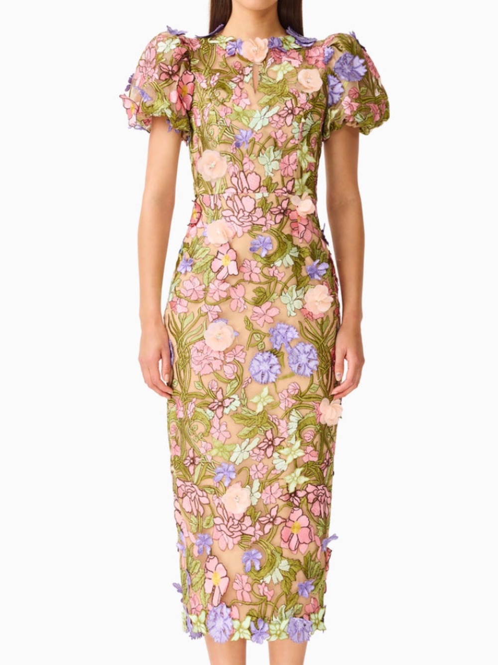 ELLIATT Fiora Puff Sleeve Midi Dress Green Pink 3D Floral Flower - SMALL